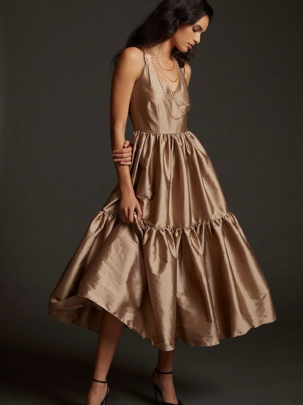Anthropologie Bloni Tiered V Neck Maxi Dress Satin Tan Small Formal Bridesmaid